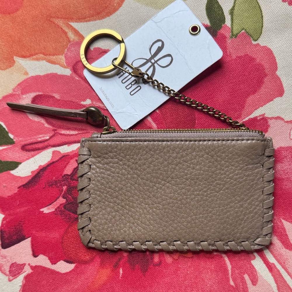 Hobo Byrd card case wallet whip stitch taupe pebbled Leather keychain NEW